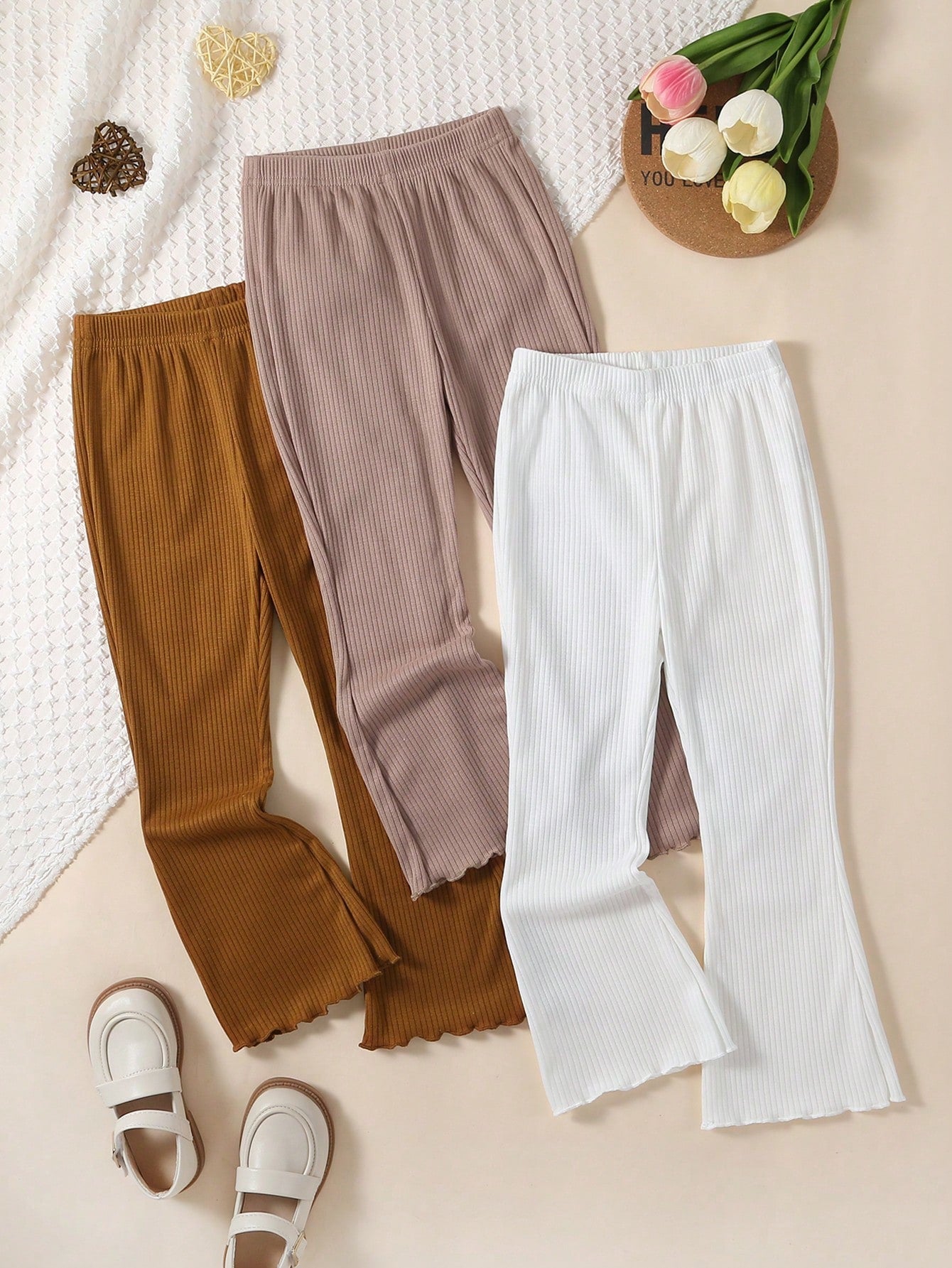 Young Girl 3pcs Ribbed Knit Flare Leg Pants