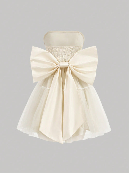 Women's Beige Oversized Bow Summer Dress,Cute Dress,Dress Party