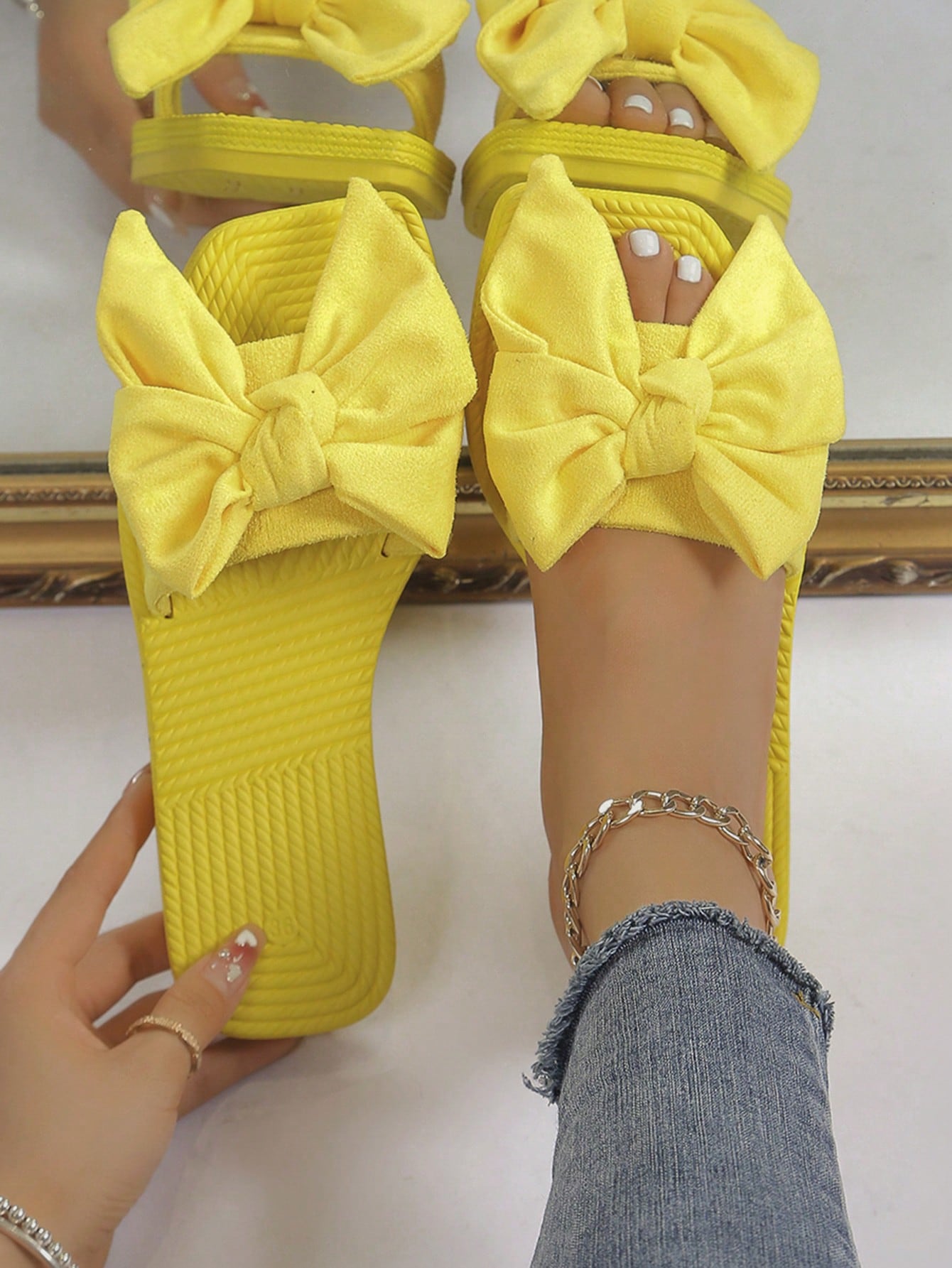 Women Bow Decor Flat Sandals, Funky Neon-orange Faux Suede Slide Sandals For Summer