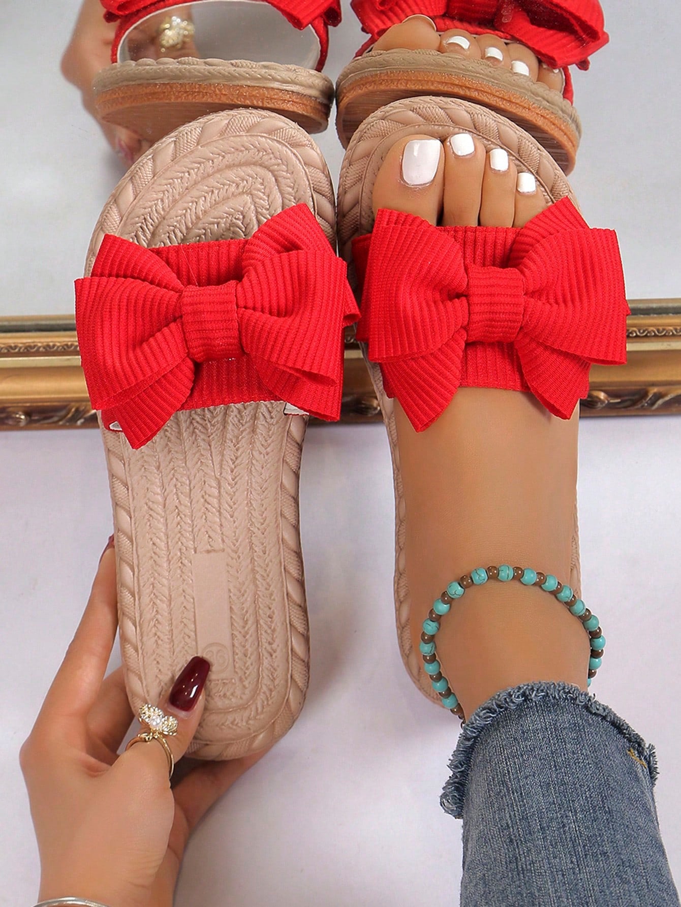 Cute Girl's Bow Striped Elements Pink Slippers, Popular Style For Casual Outing And Beach Time