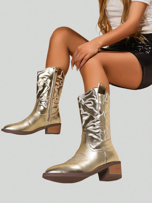 Punk Retro Trend Heavy Work Embroidery Mid-Calf Western Boots Fashion Boots