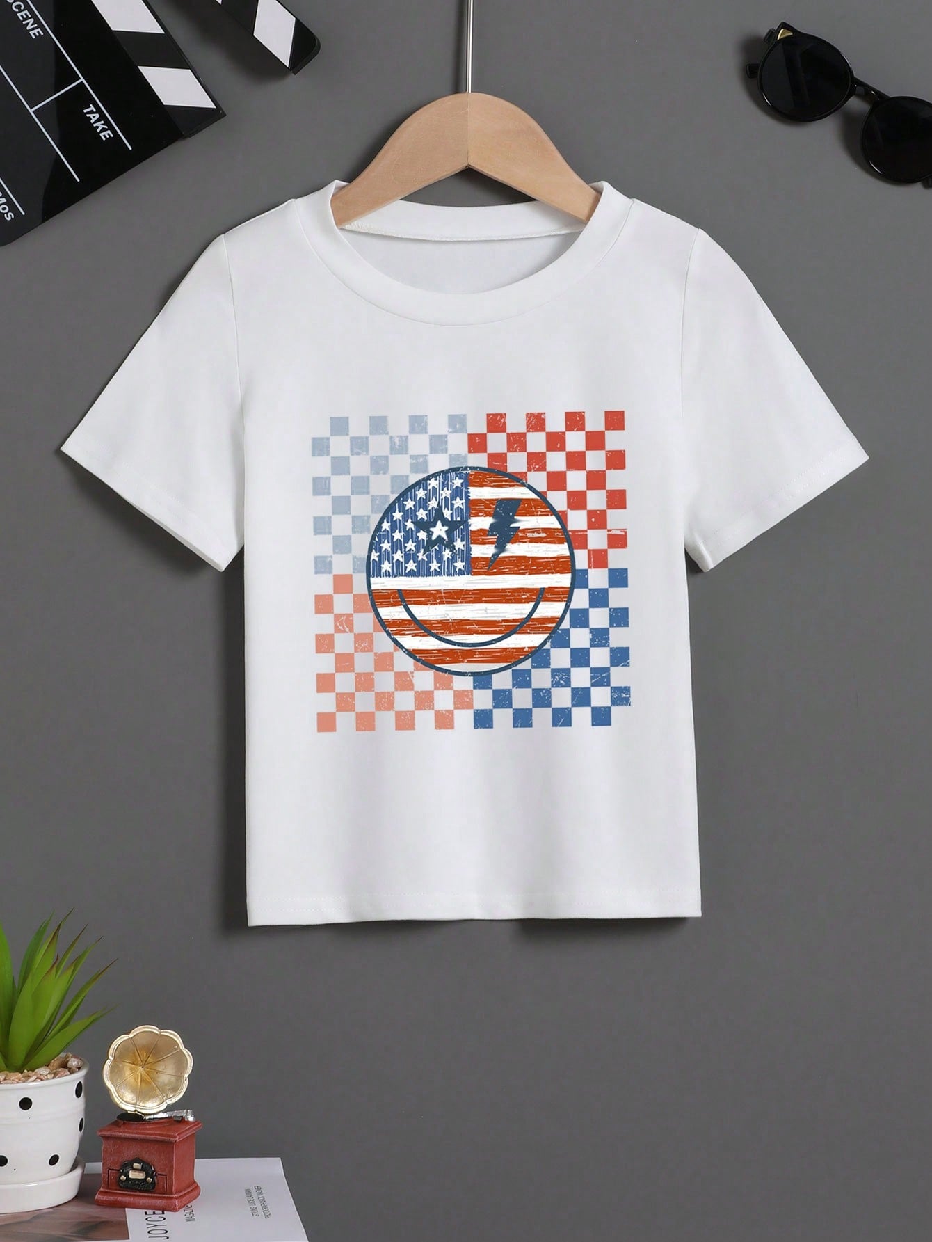 Young Boy Summer Casual Checkered  Printed Short-Sleeve T-Shirt