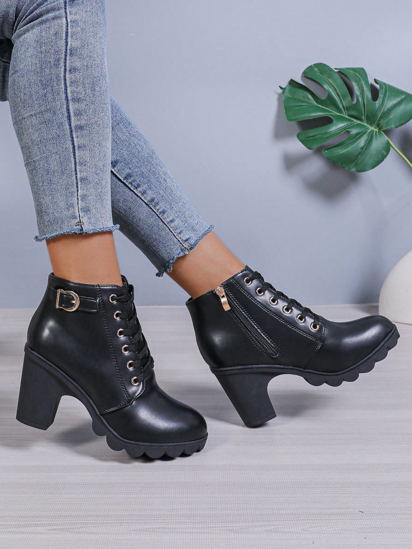 Women's Ankle Boots And Short Boots, Black, Lace-Up, Side Zipper, High Heels, Chunky Heels, PU Material