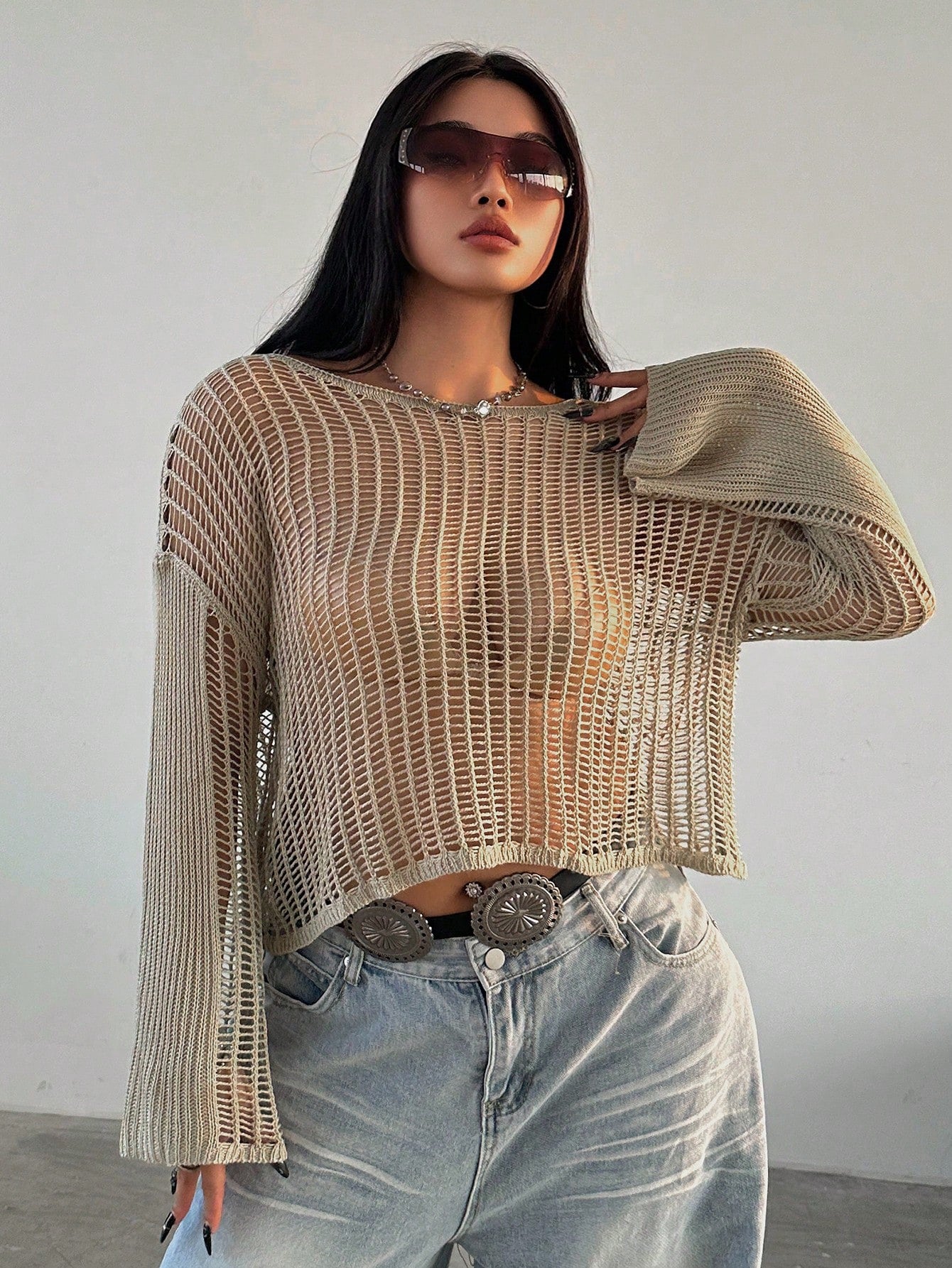 Solid Color Hollow Out Long Sleeve Knit Top