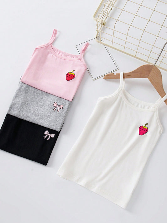 4pcs/Set Young Girl Modal Strawberry Heart Printed Camisole Tops Small Camisole