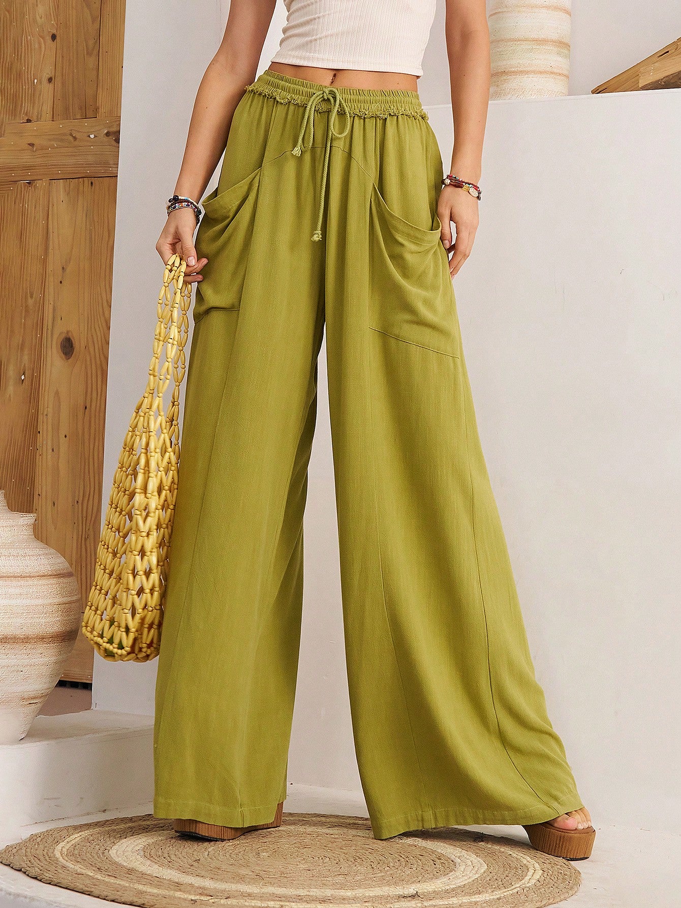 BohoFeels Boho Style Loose Harem Women Pants With Pocket And Drawstring Waist