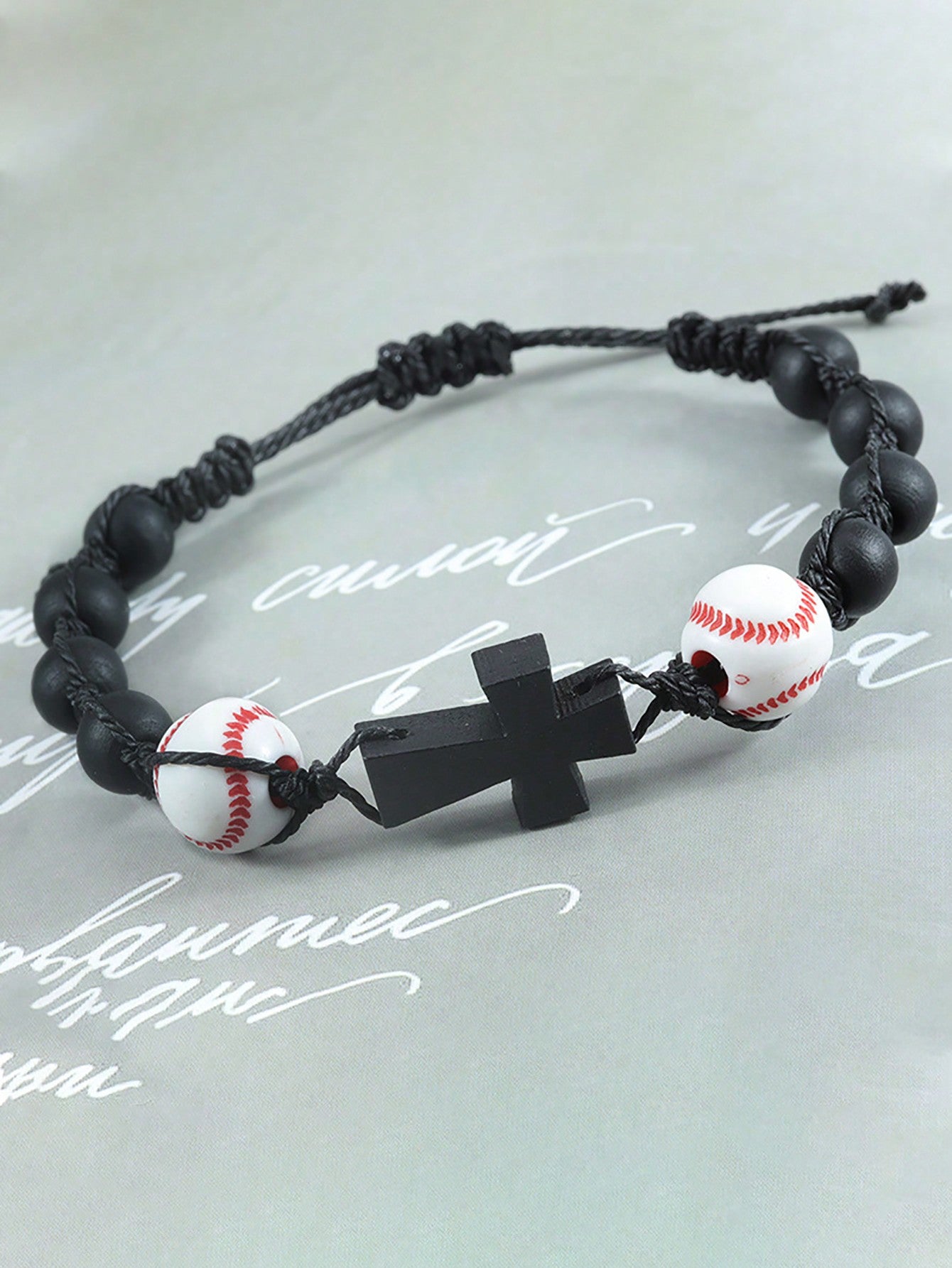 1pc Simple And Fashionable European And American Style Baseball Beaded Braided Bracelet For Boys With Wooden Beads, Cross And Basketball Pendant