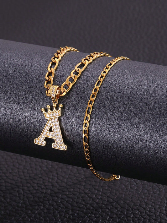 2pcs/Set English Initial Letter & Crown Pendant Copper & Zirconia Necklace With Figaro Chain For Boys Girls Name Customized Necklace Bracelet Set For Children Birthday Gift