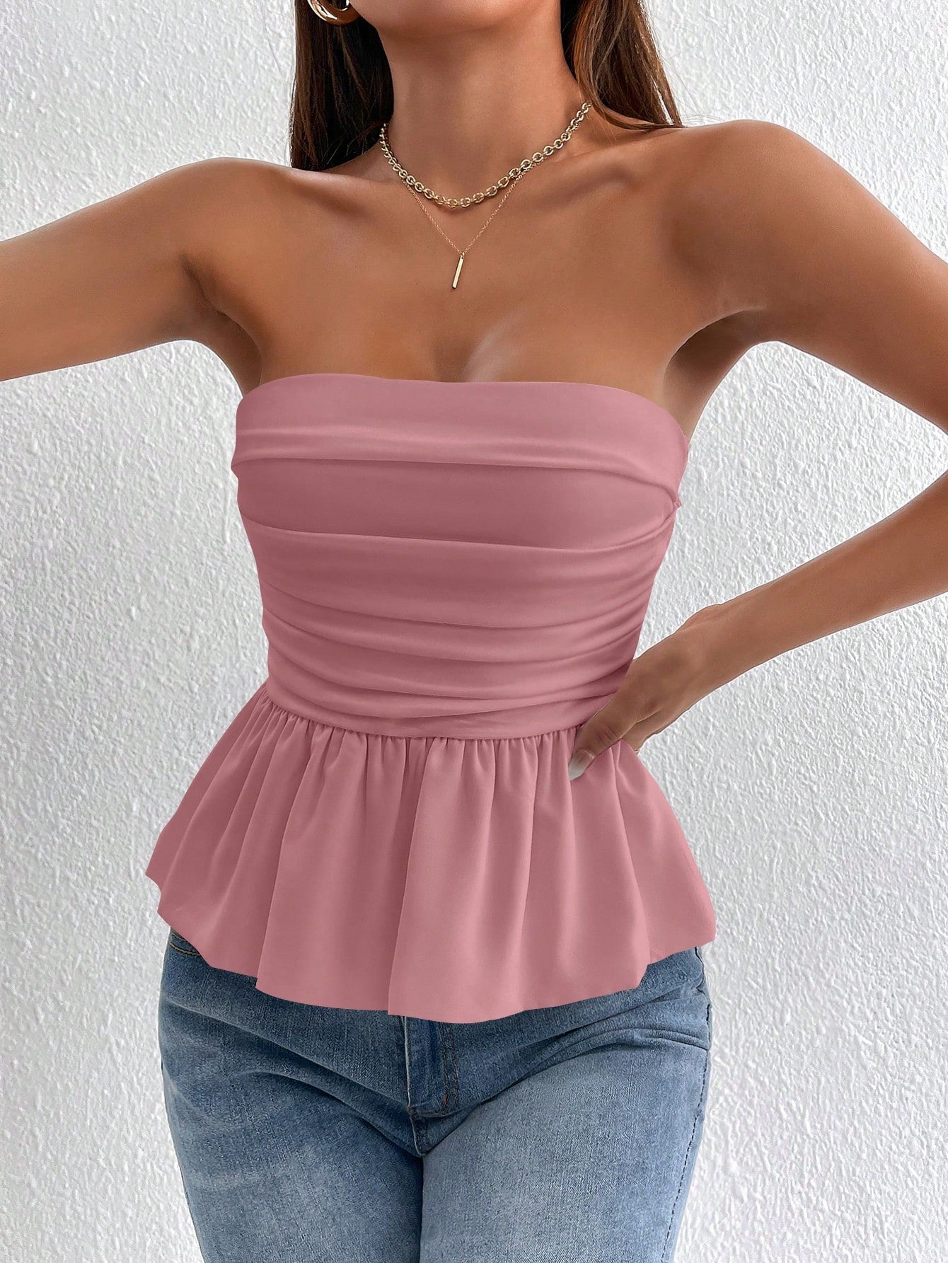 Ruched Backless Peplum Tube Women Crop Top Strapless Top