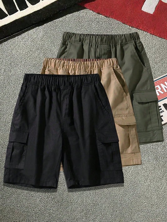 3pcs Teen Boy Sporty Casual Fit Multi Pocket Cool Casual Shorts, Outdoor Cargo Shorts For Spring & Summer