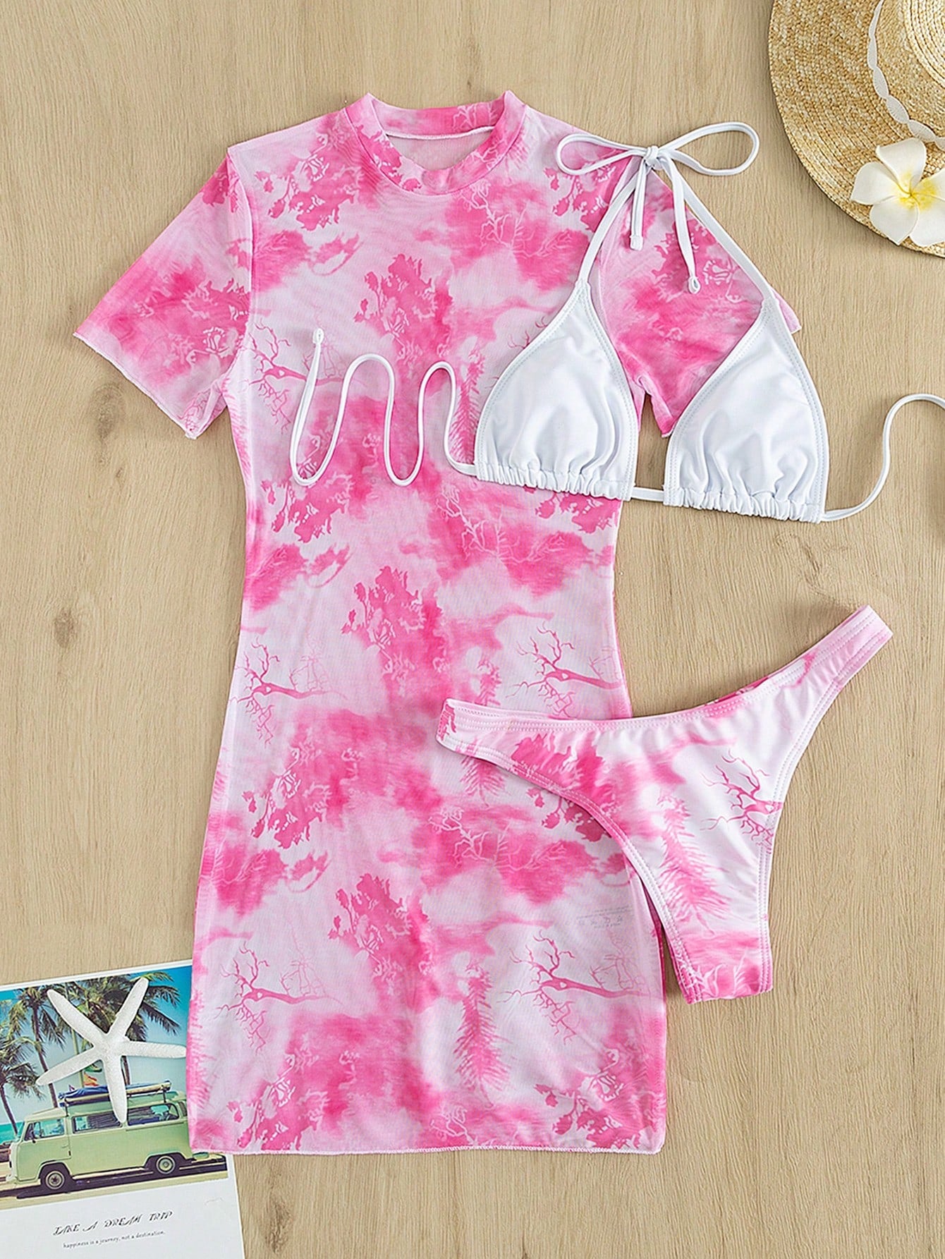 Swim Summer Beach 3pcs/Set Tie Dye Print Bikini Set With Cover Up, Triangular Briefs And Halter Top