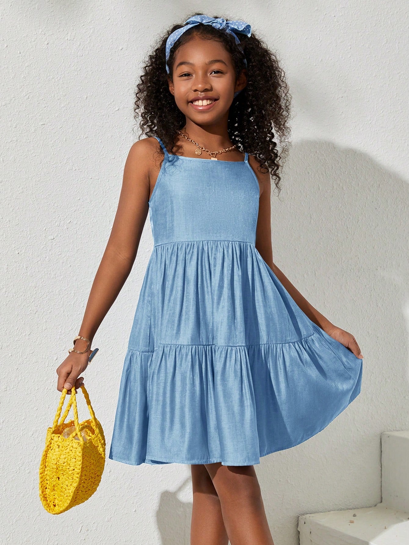 Tween Girl Casual Denim Effect Strappy Dress For Spring/Summer