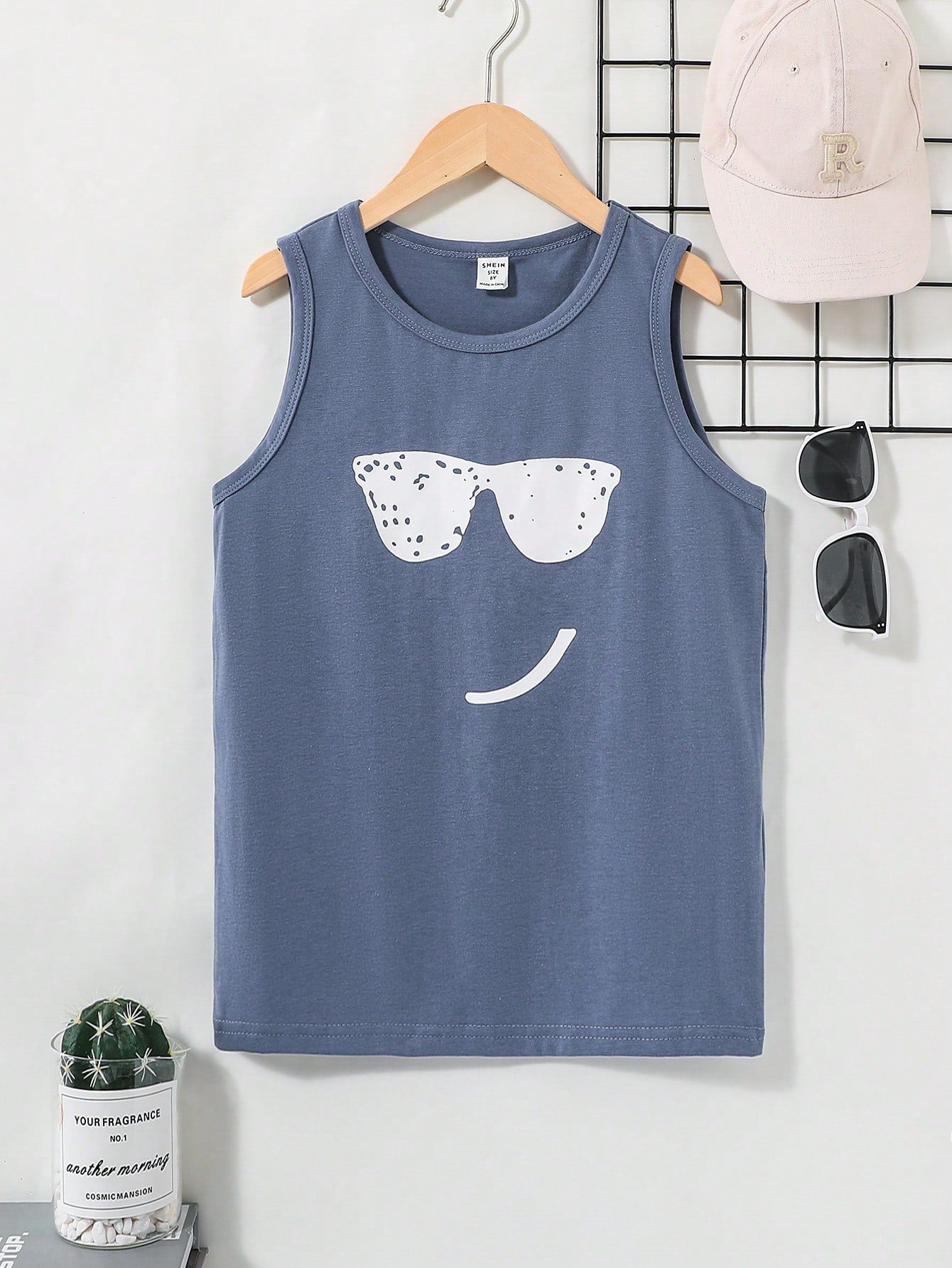 Tween Boy Casual Comfortable Sleeveless Top With Sunglasses & Smirk Pattern