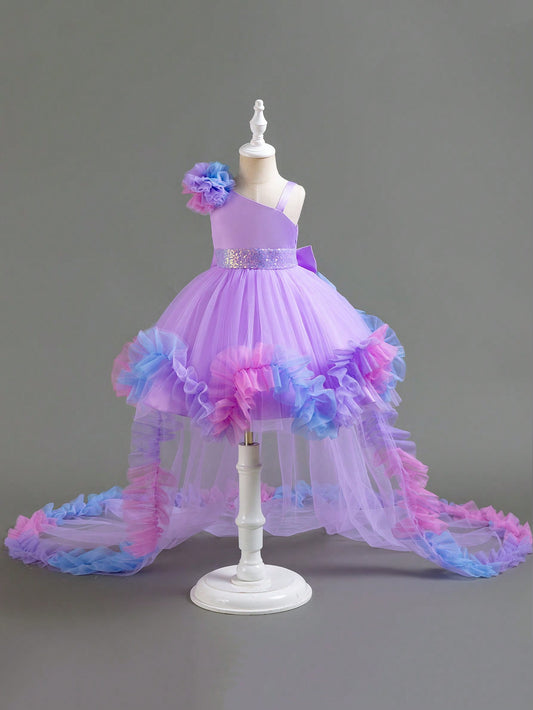 Young Girls' Asymmetrical Tulle Dress With 3d Embellishments For Wedding, Party, Festival, Birthday