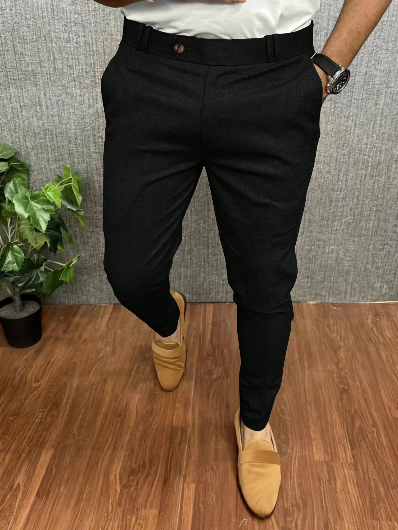 Men Solid Color Loose Fit Straight Leg Casual Pants With Pockets For Daily Commute And Leisure