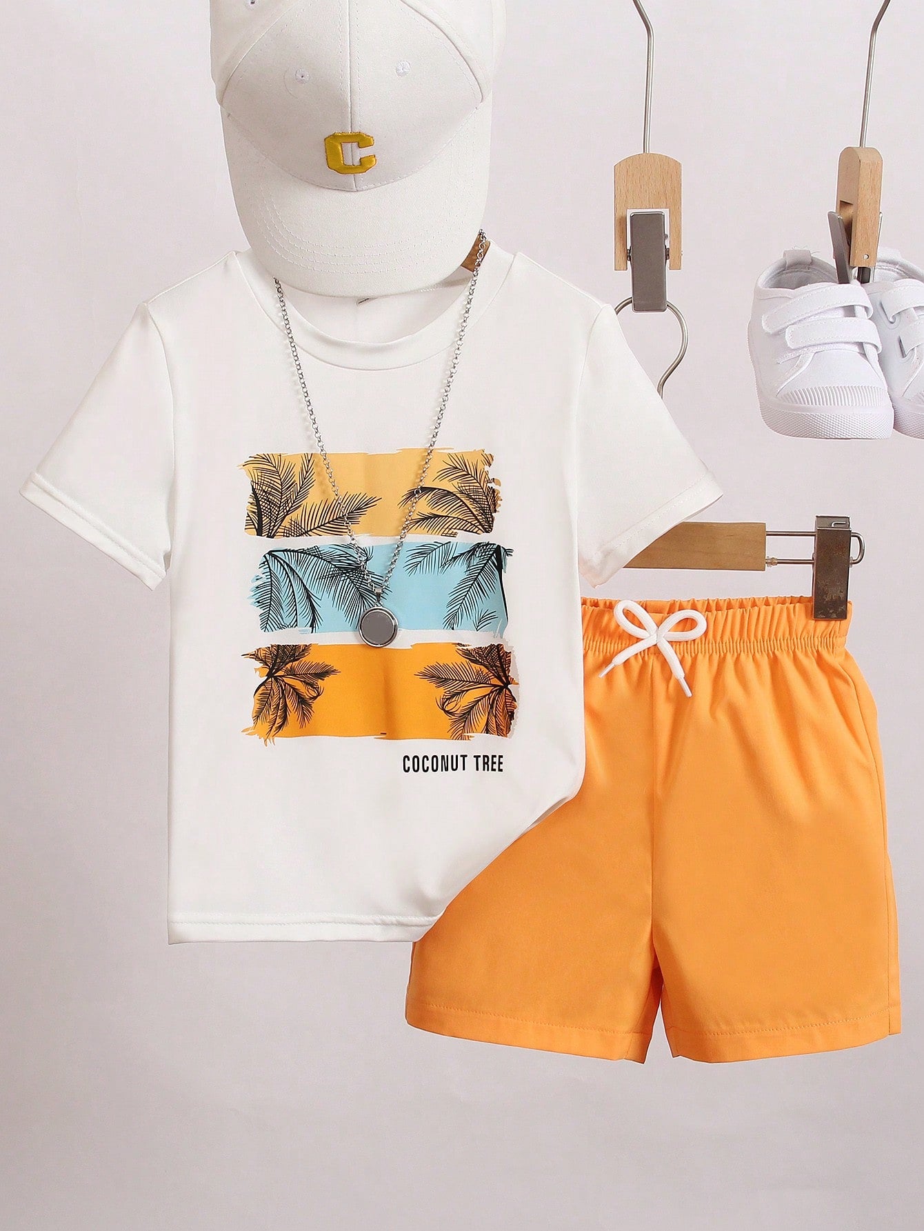 Young Boy Casual Tropical Letter Print Short Sleeve T-Shirt And Shorts Summer Set