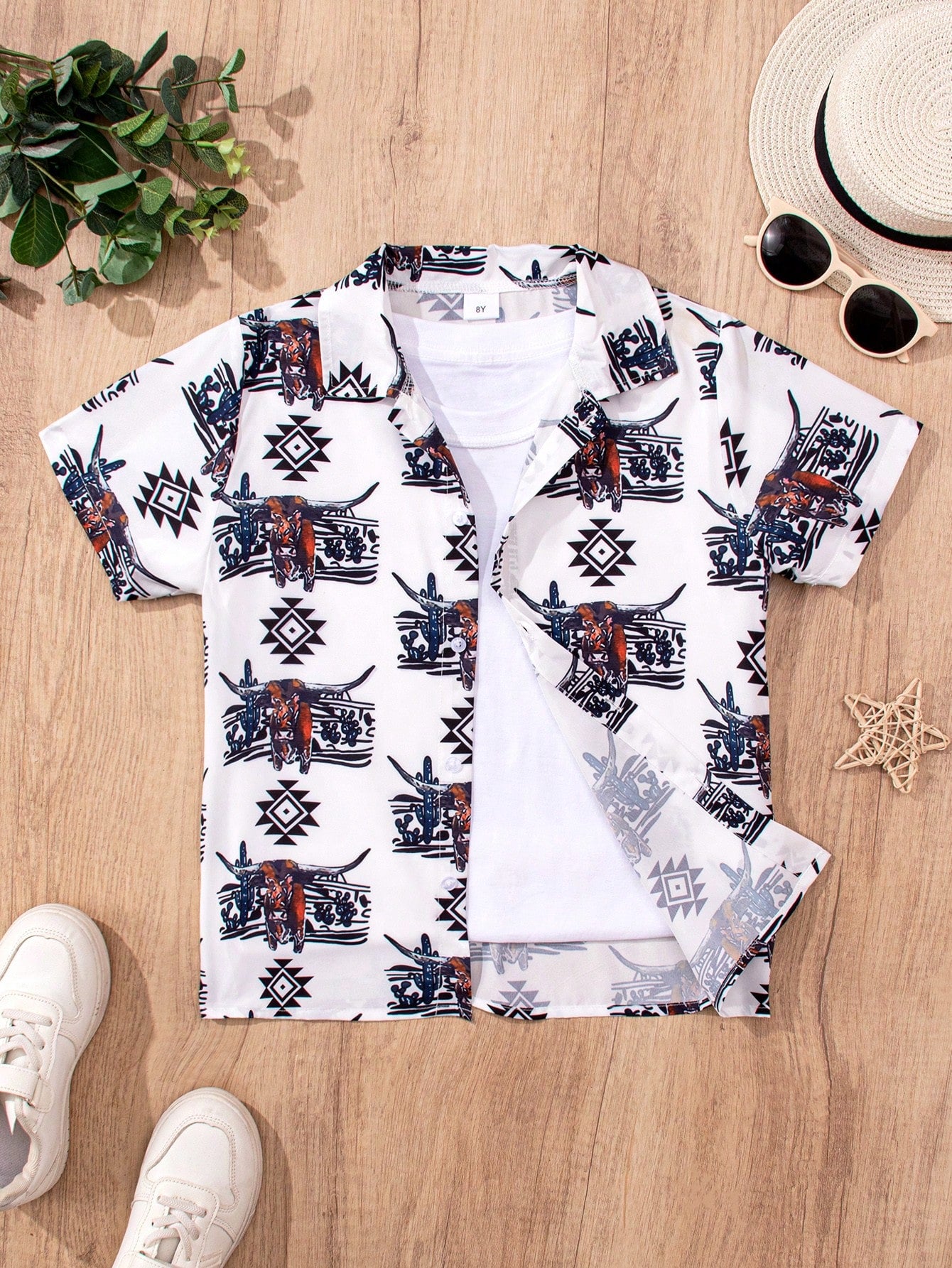 Tween Boy Casual Western Style Bull Head Printed Short Sleeve Shirt, Perfect For Vacation, Travel, Party And Other Activities