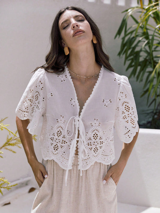 Frenchy Summer White Ruffle Sleeve Embroidery Fabric Lace Up Short Top, Summer Blouse For Women, Front Lace Up, Lace Up Blouse, Short Sleeve Blouse, Cute Summer Blouse