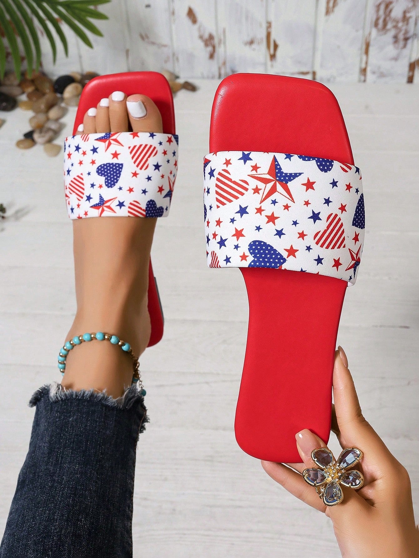 Fashionable Red Flat Sandals For Women, Cherry Patterned Anti-Slip Sole Slipper Shoes, Summer