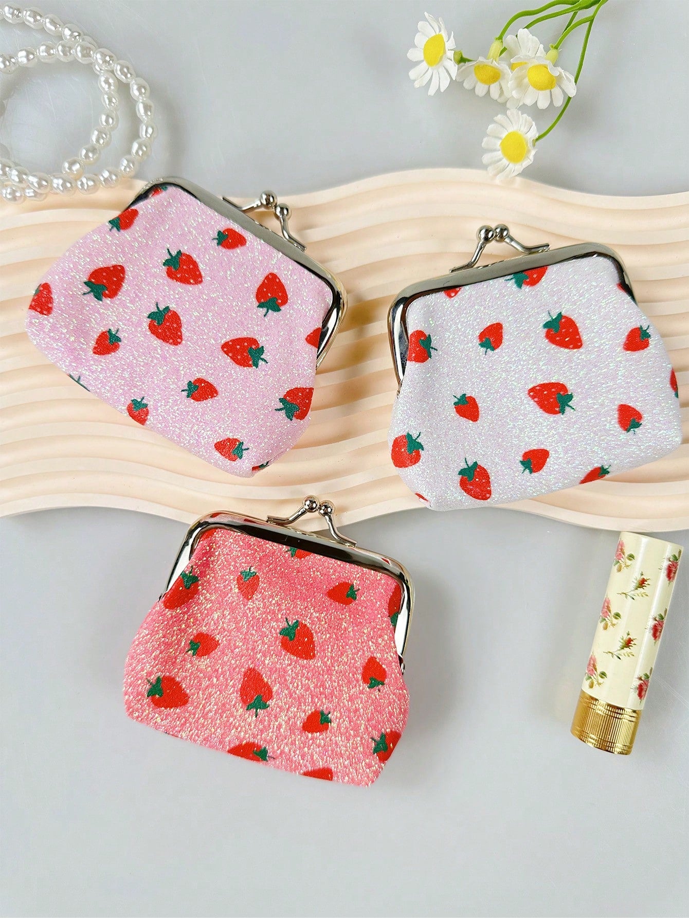 Strawberry Printed Mini Coin Purse With Clasp, Small Hard Wallet