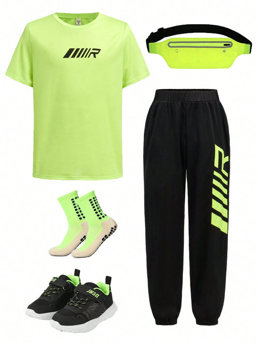 Tween Boys Extended Size 2pcs/Set Letter Printed Sporty T-Shirt And Long Pants Suitable For School Sports Day, Summer & Early Fall, Affordable And Versatile For Daily Commute, Casual, Campus, And Sports In Autumn And Winter