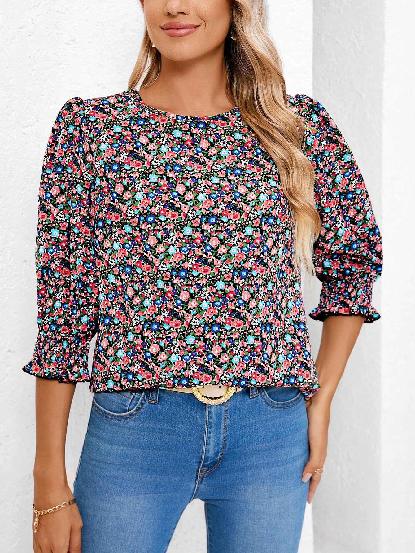 Easter Style Floral Print Half Sleeve Round Neck Fitted Shirt With Ruched Detail