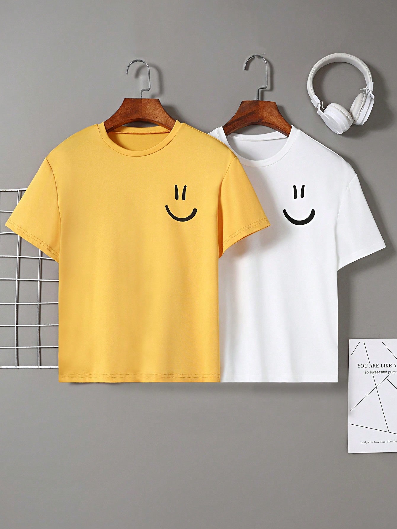 Teenage Boys' 2pcs Face Print Round Neck T-shirts