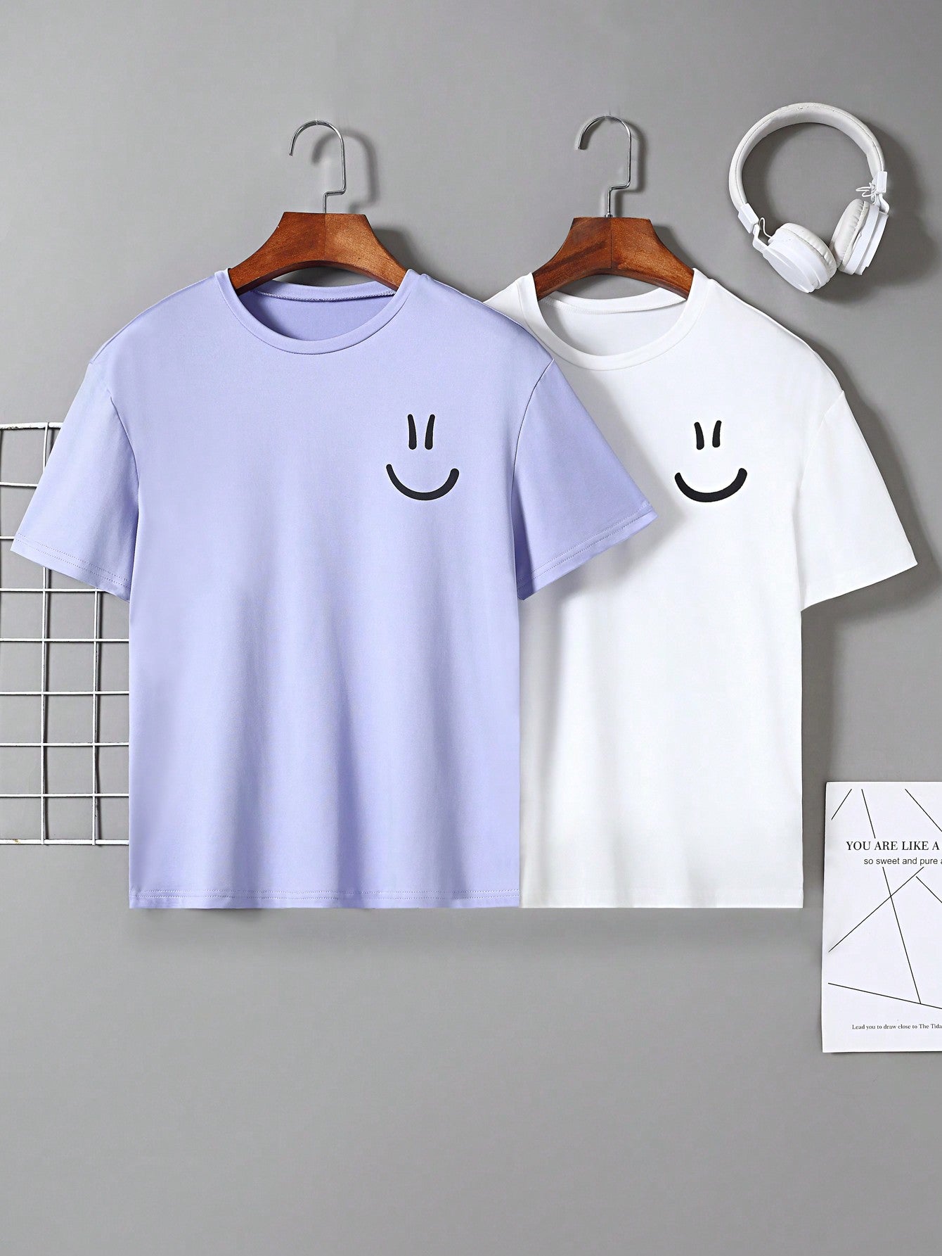 Teenage Boys' 2pcs Face Print Round Neck T-shirts