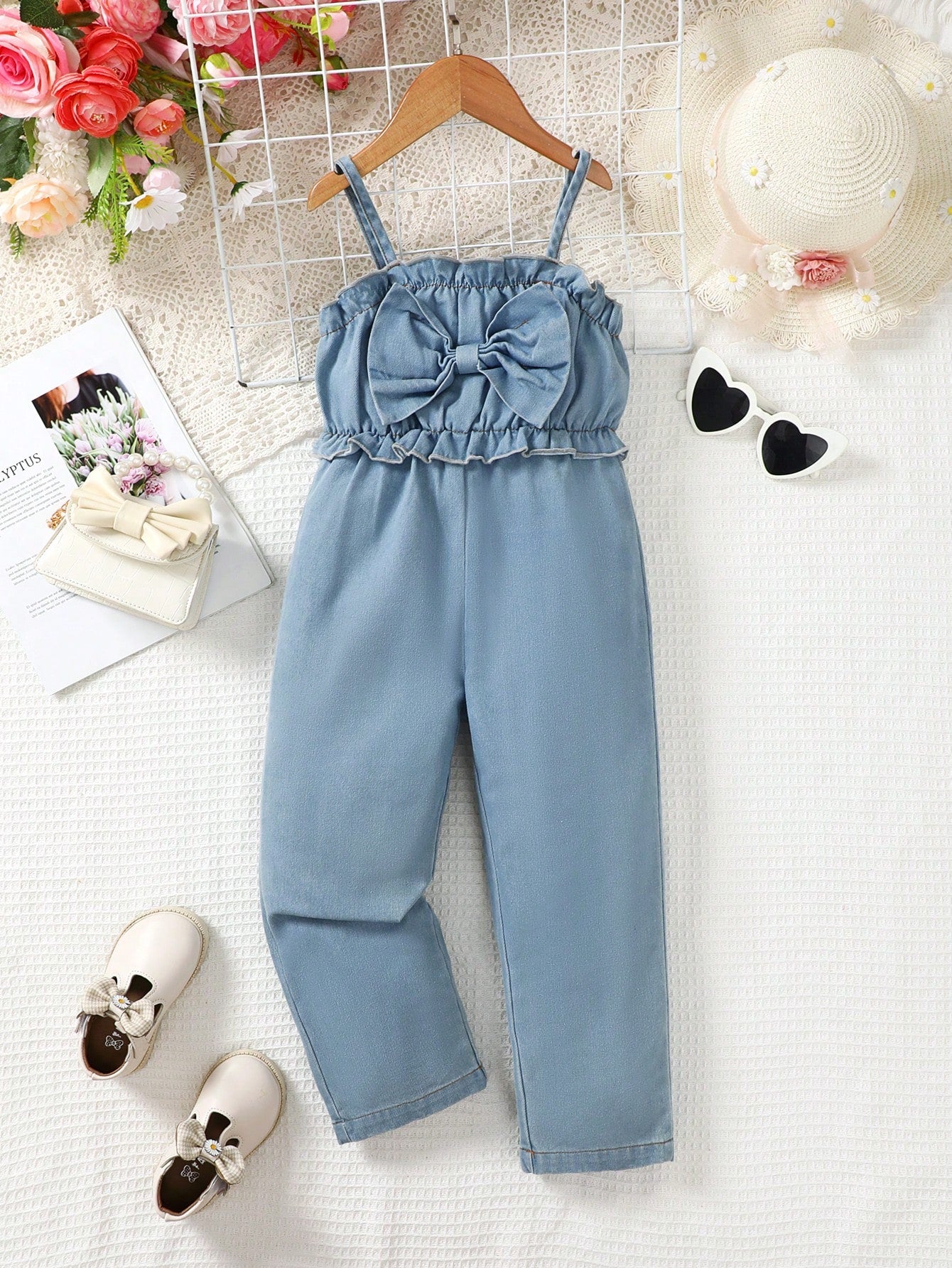 Young Girl Solid Color Casual Strap Bowknot Lace Jumpsuit For Summer