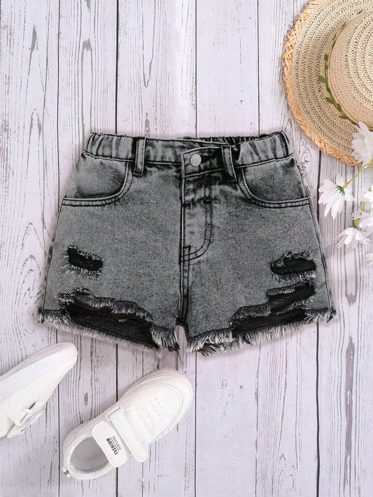 Young Girl Denim Black  Shorts, Washed Casual Distressed Hole Outdoor Wear, Casual Fashion Denim Shorts For Holiday Petite Shorts