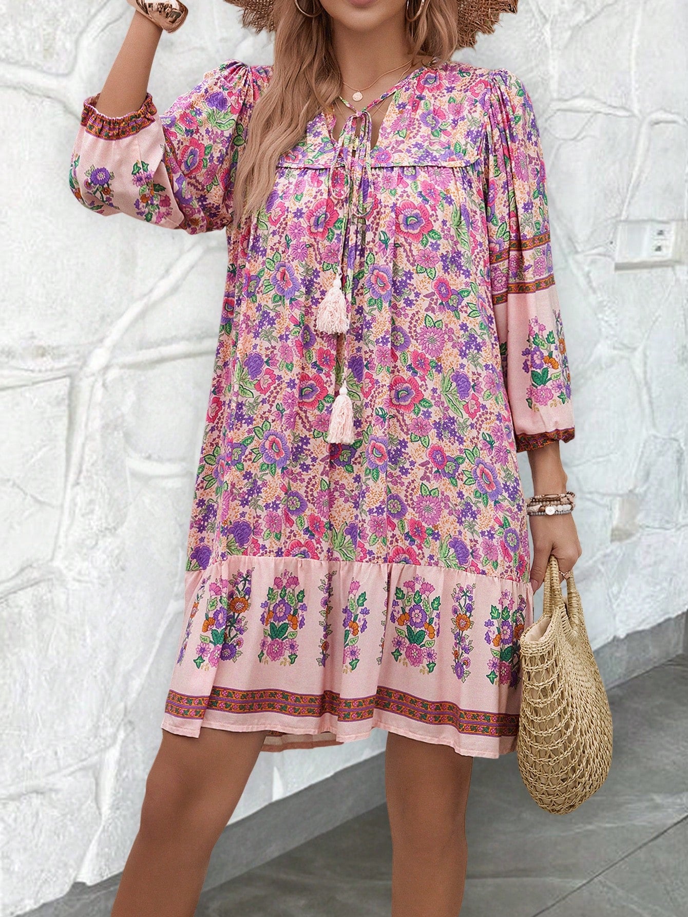 Women Floral Printed Tie Neck With Ruffle Hem Loose Casual Spring/Summer Dress For Going Out