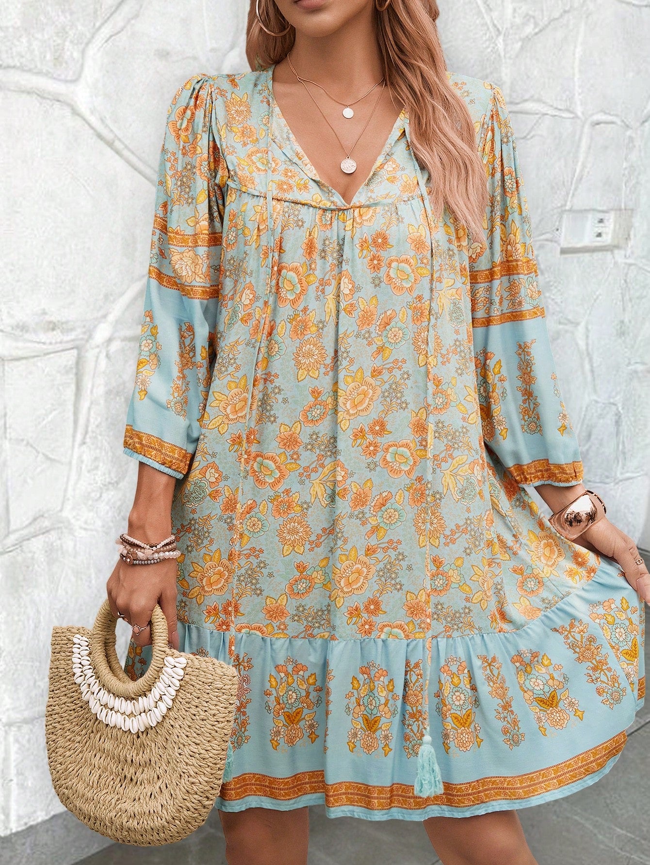 Women Floral Printed Tie Neck With Ruffle Hem Loose Casual Spring/Summer Dress For Going Out