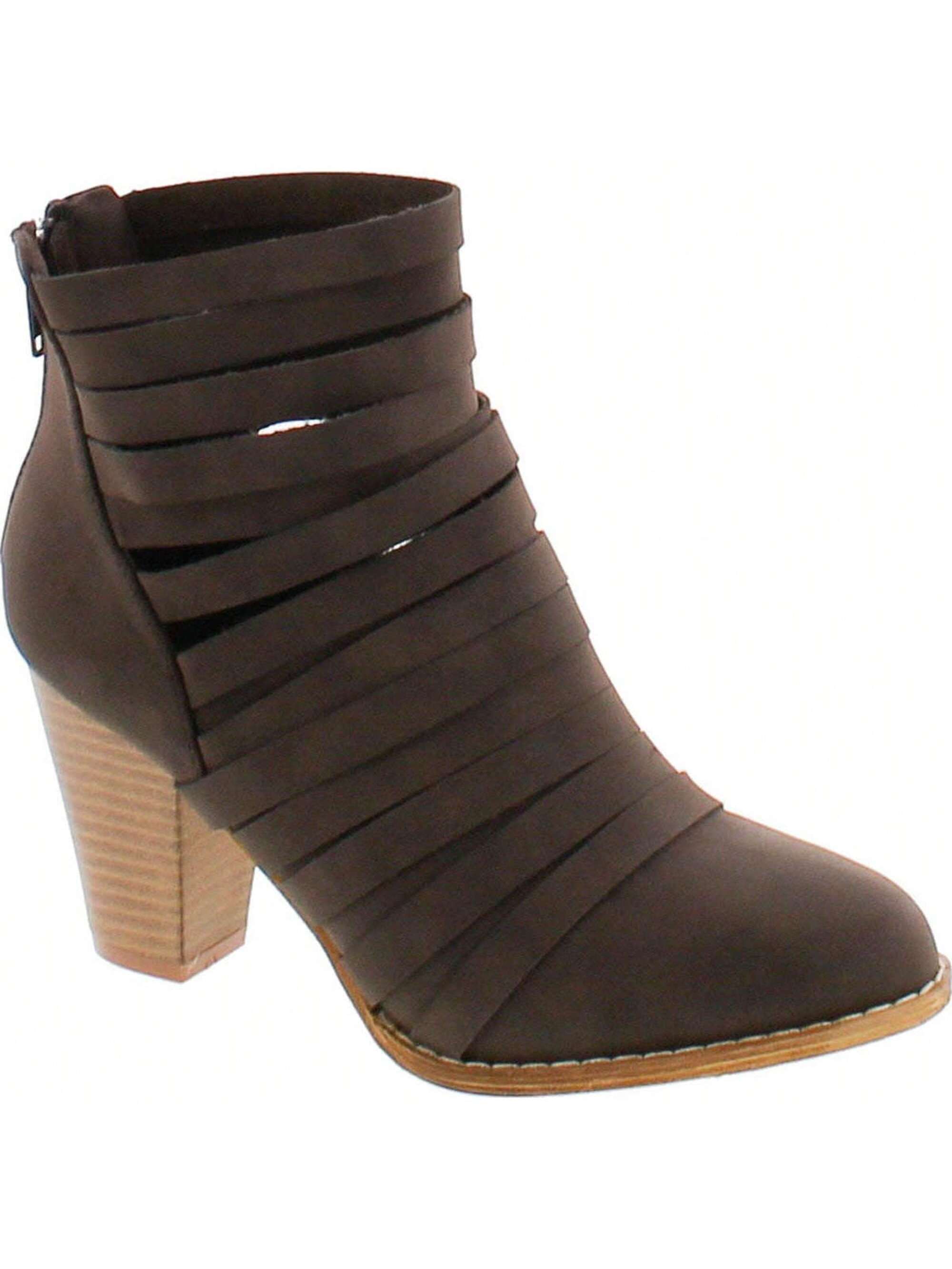 Women's Rear Zipper Cut Out Strappy Stacked Chunky Ankle Booties