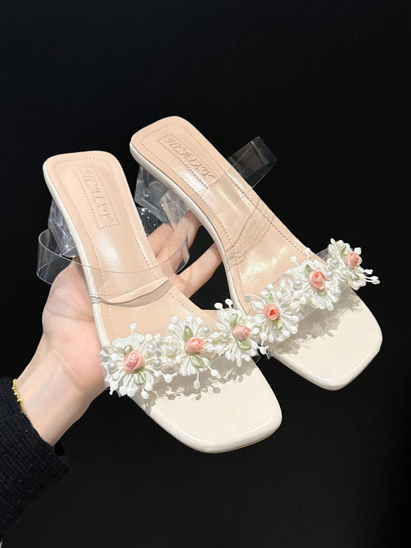 Women Flower Decor Clear Chunky Heeled Ankle Strap Sandals, Fashion Summer PVC Sandals