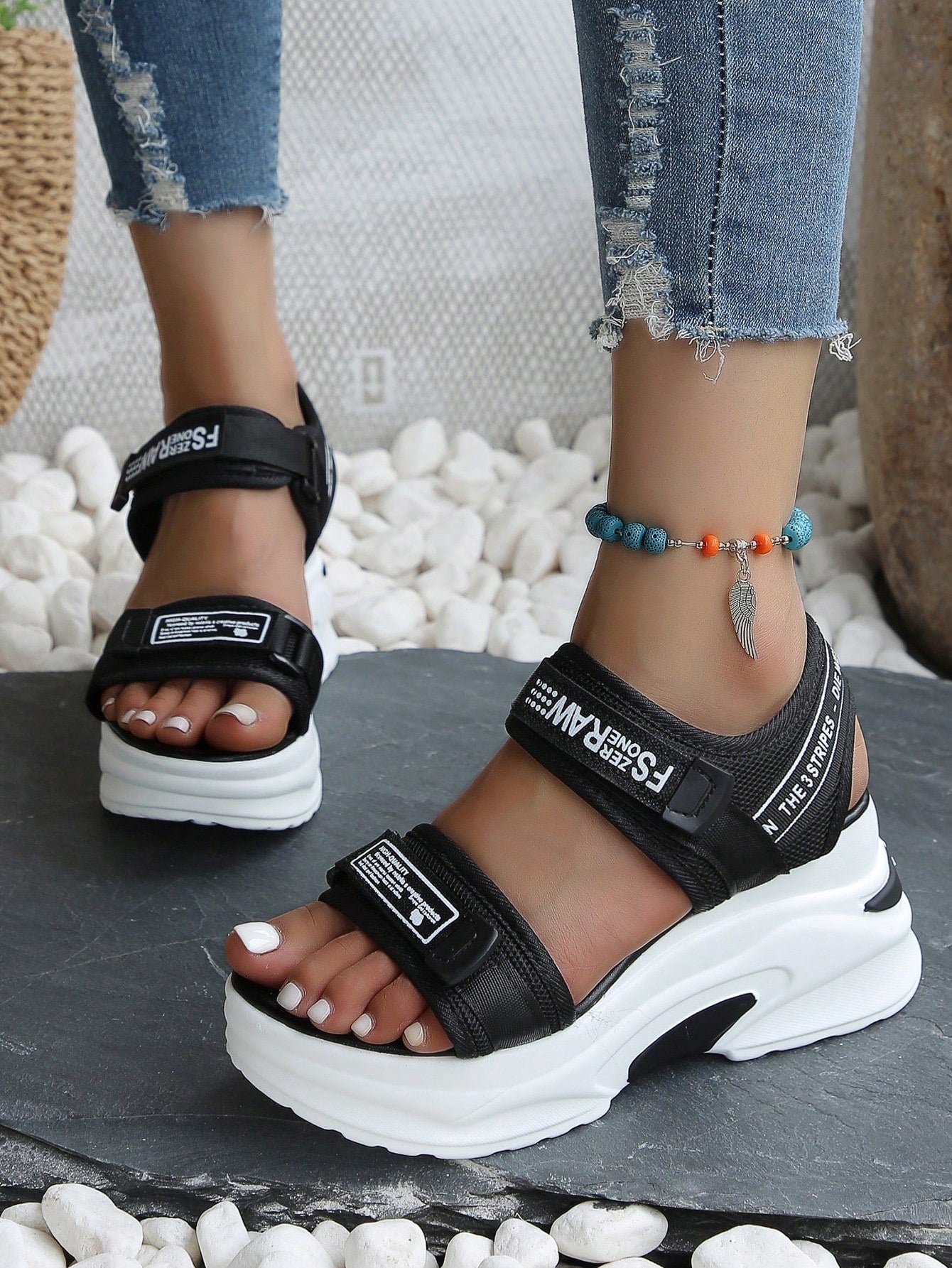 2024 Summer New Arrival Teenagers' High Heels Peep-Toe Beach Sandals Women's Platform Thick Bottom Casual Hook-And-Loop Sports Shoes, 8cm Heel Height