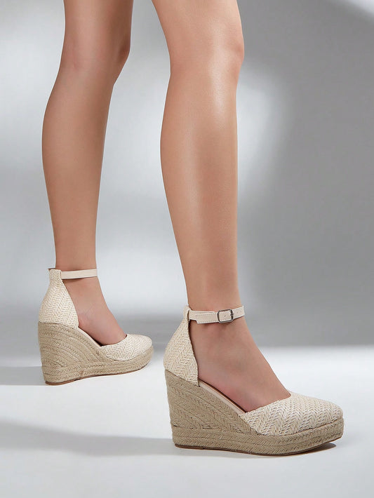 Beige Straw Woven Espadrilles With  Rope Sole, Vacation Hollow Ladies Wedge Heels & Thick-Soled Shoes. Random Straw Texture.