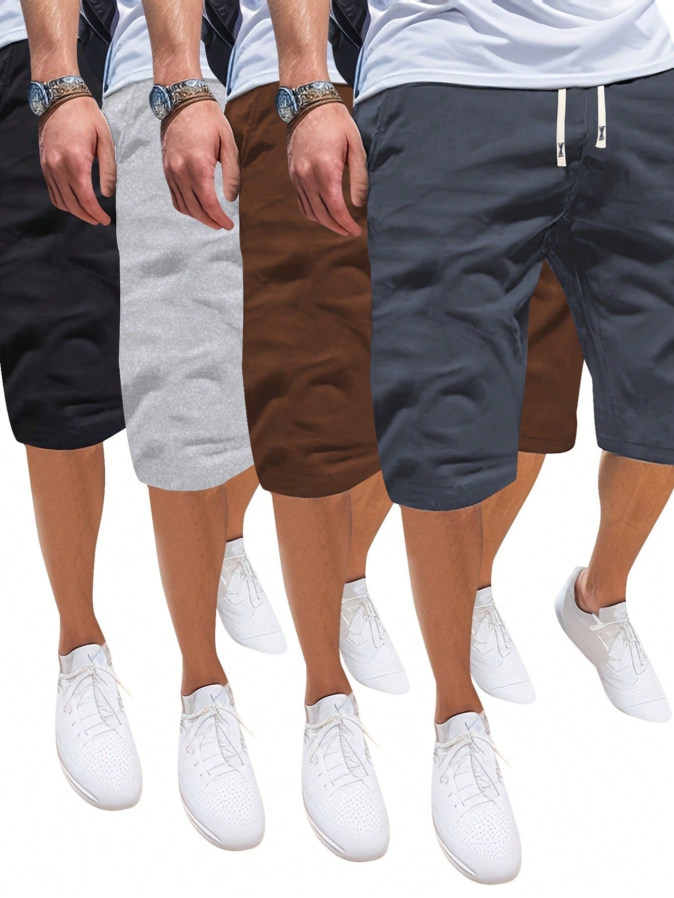 Men 4pcs/Set Summer Solid Color Multiple Pockets Drawstring Beach Casual Sport Running Shorts