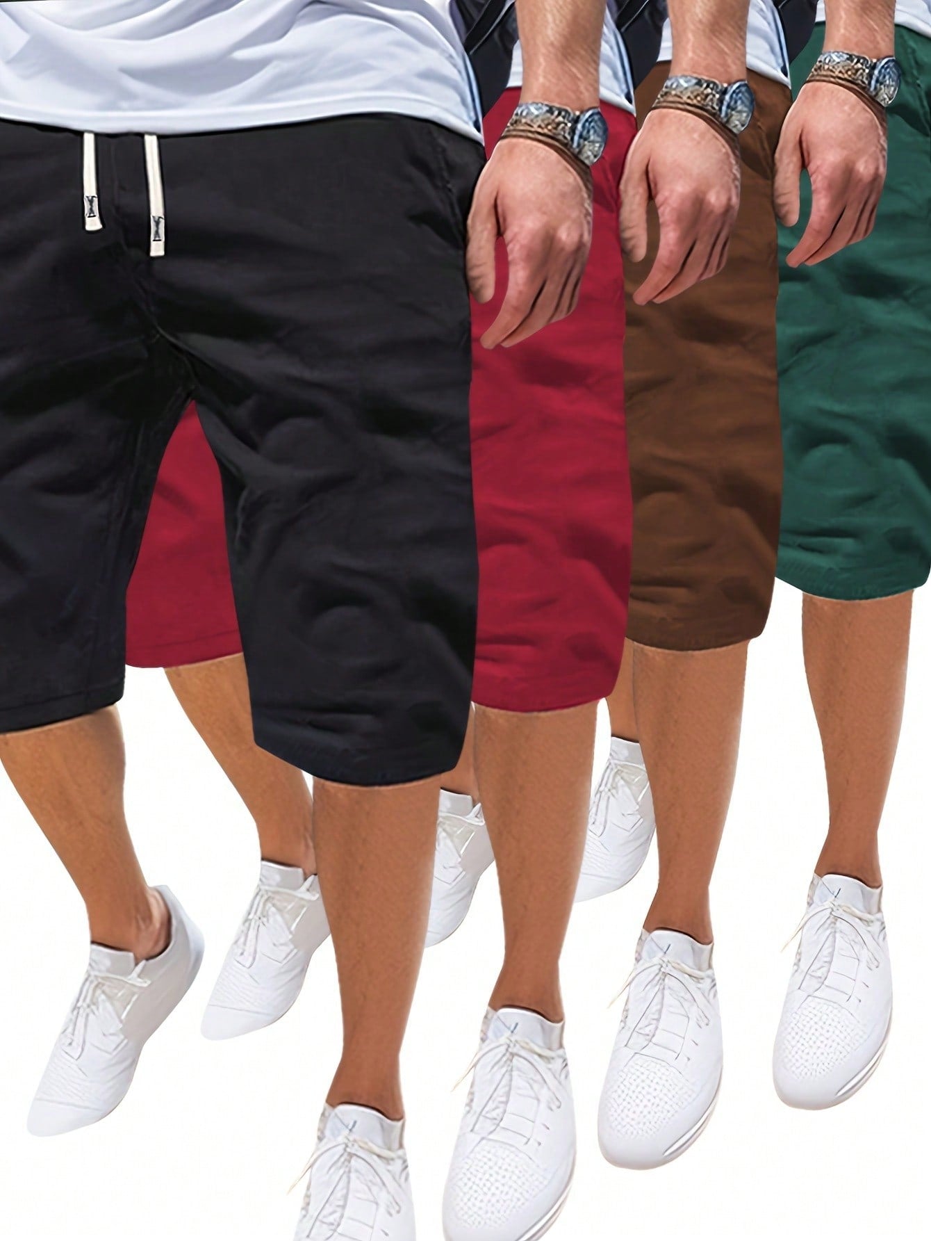 Men 4pcs/Set Summer Solid Color Multiple Pockets Drawstring Beach Casual Sport Running Shorts