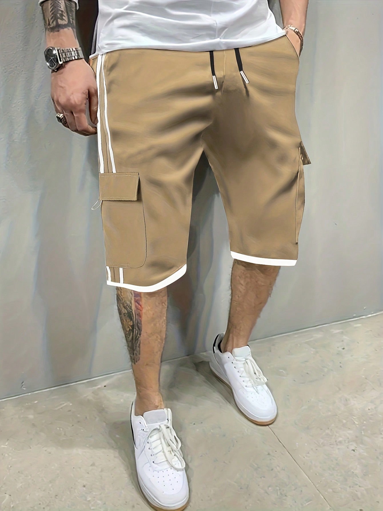 Men's Spring Summer Casual Sportswear Style Double Stripe Design Cargo Shorts With Pockets