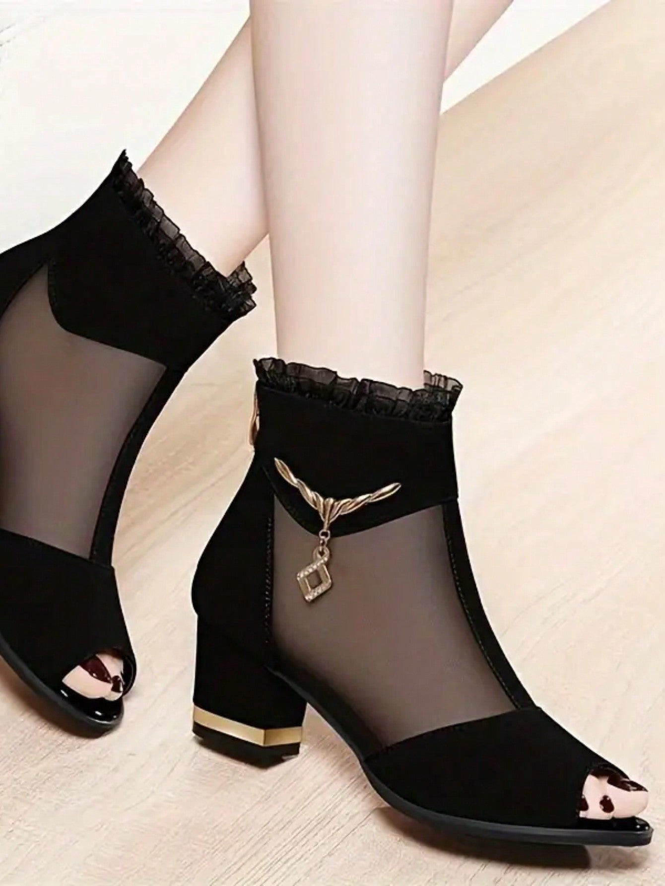 Breathable Mesh Upper High-Heel Sandals For Summer, Comfortable Chunky Heels With Open Toe And Back Zipper, Elegant Office Lady Dress Shoes