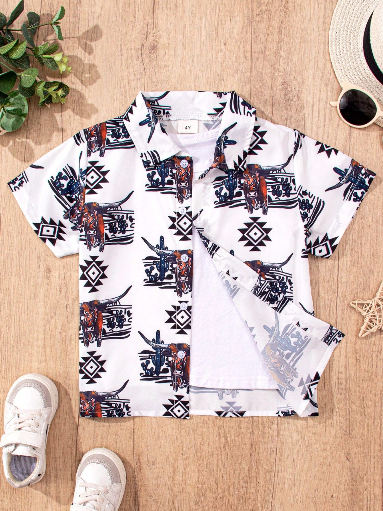 Young Boy Casual Western Style Bull Head Printed Short Sleeve Shirt, Ideal For Vacation, Party And Traveling