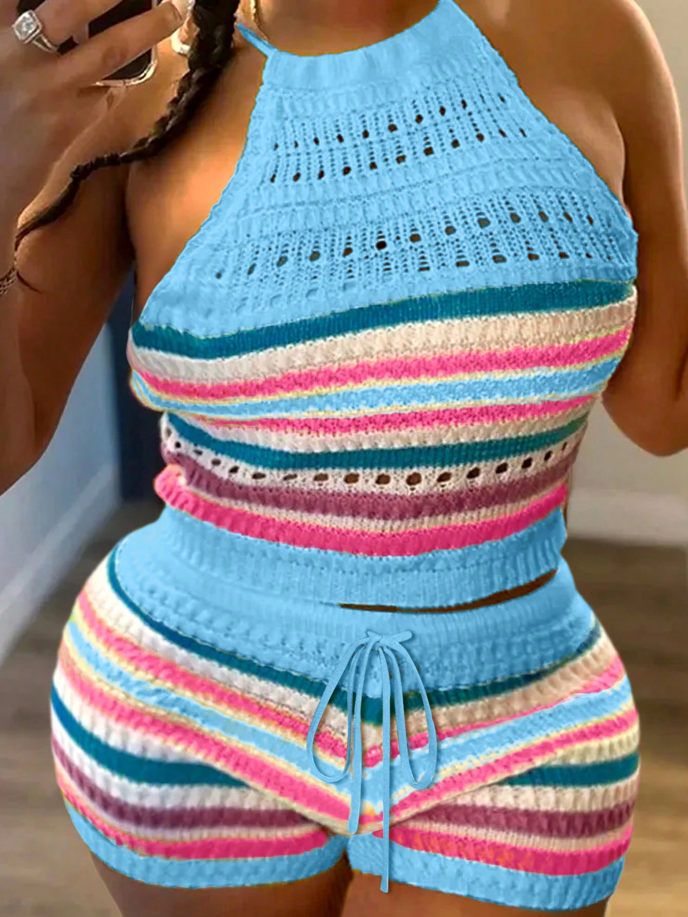 Plus Size Vacation Casual Colorful Striped Women's Sleeveless Top And Shorts Outfit With Neck Strap-Z