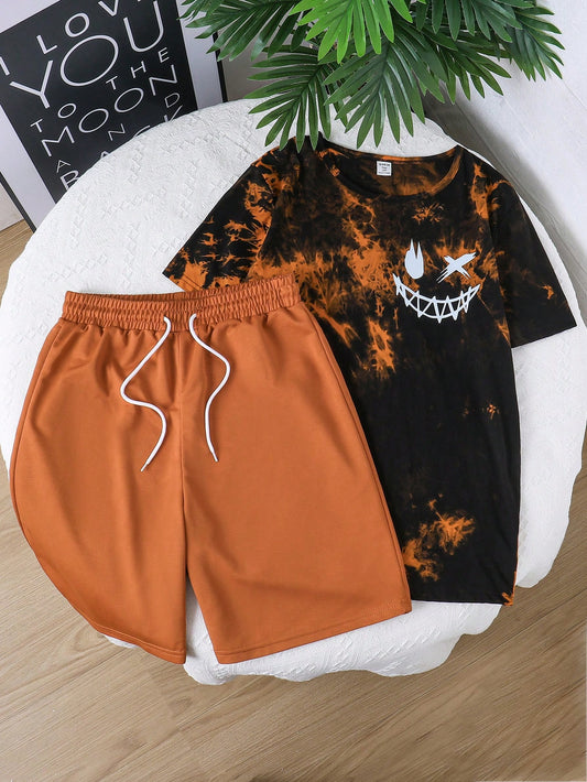 Teen Boy Summer Sports Streetwear Round Neck Short Sleeve T-Shirt With Shorts Set