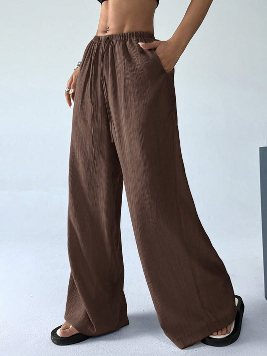 Women's Casual Solid Color Drawstring Wide Leg Pants