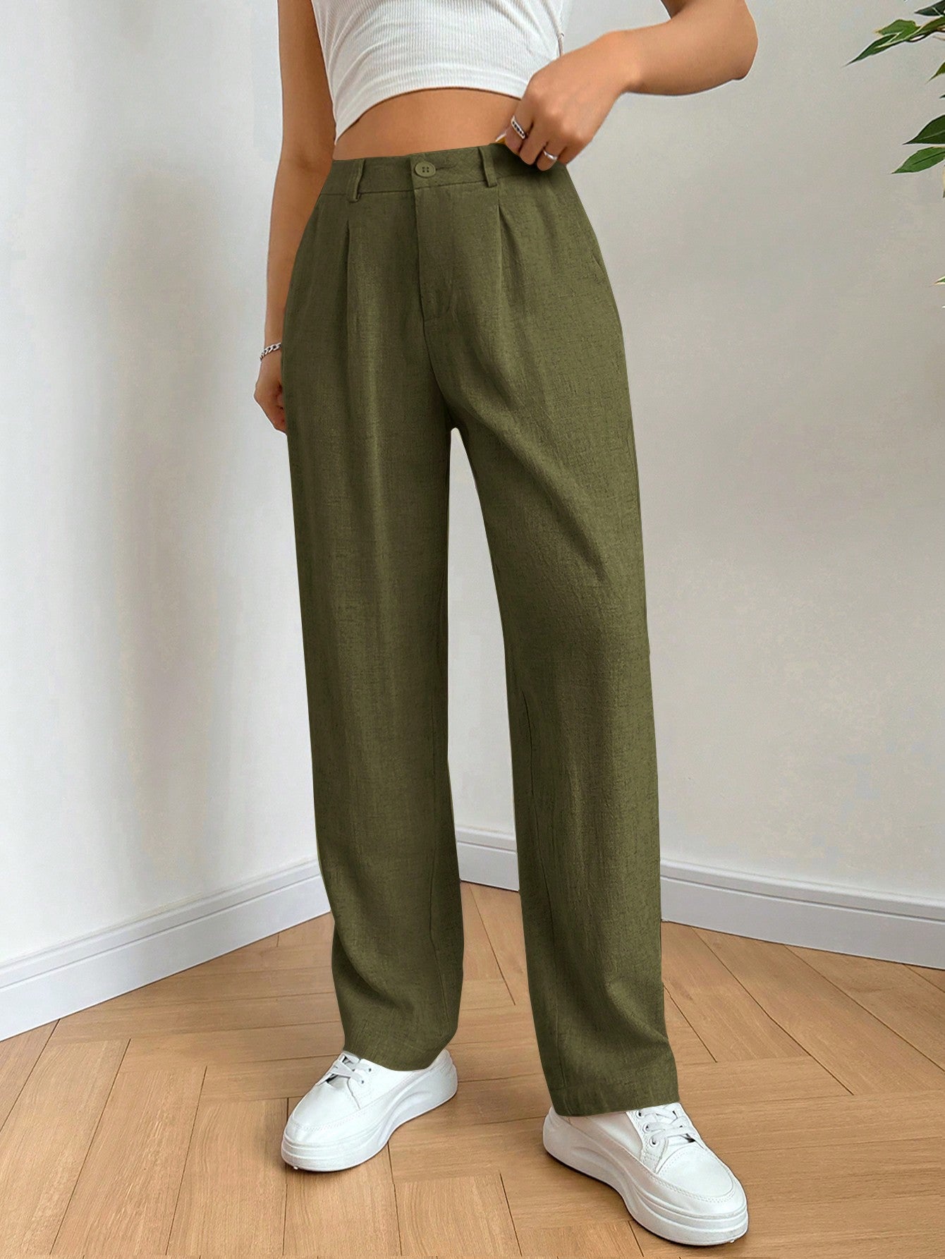 Women's Solid Color Simple Daily Linen Pants With Belt, Slim Fit