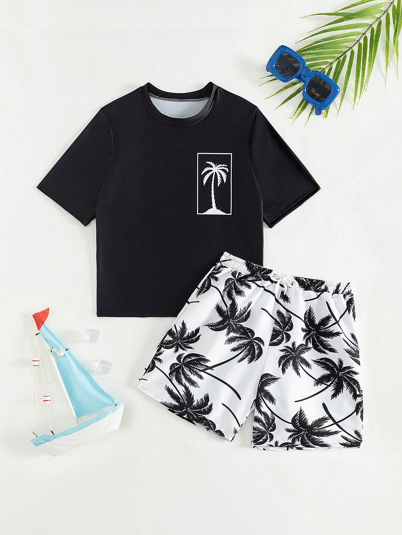 Teen Boy Summer Beach Sporty Plant Printed Round Neck Short Sleeve Top And Drawstring Shorts Two-Piece Swimsuit