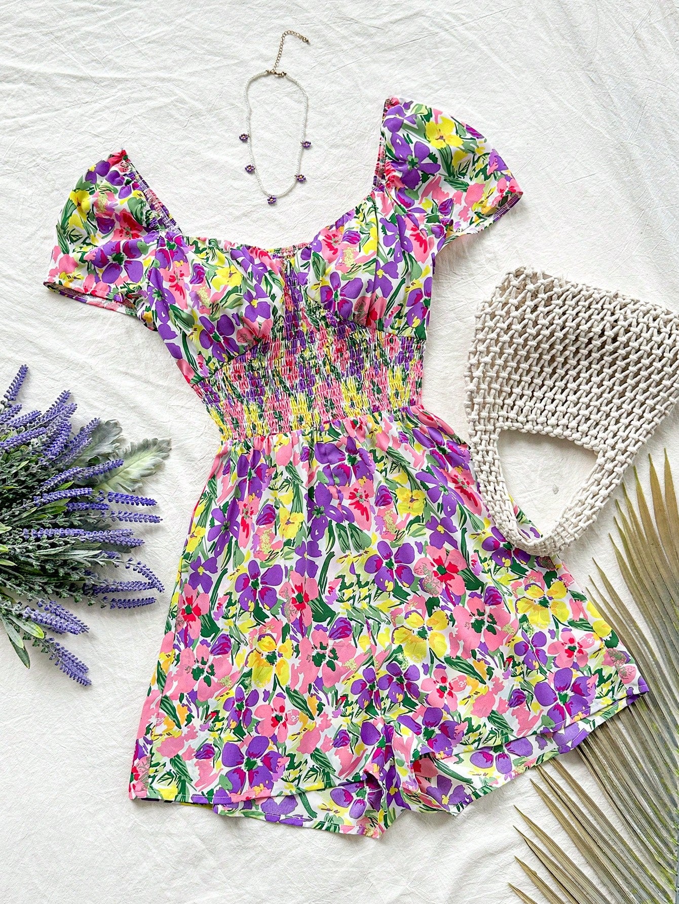 Floral Print Shirred Waist Romper