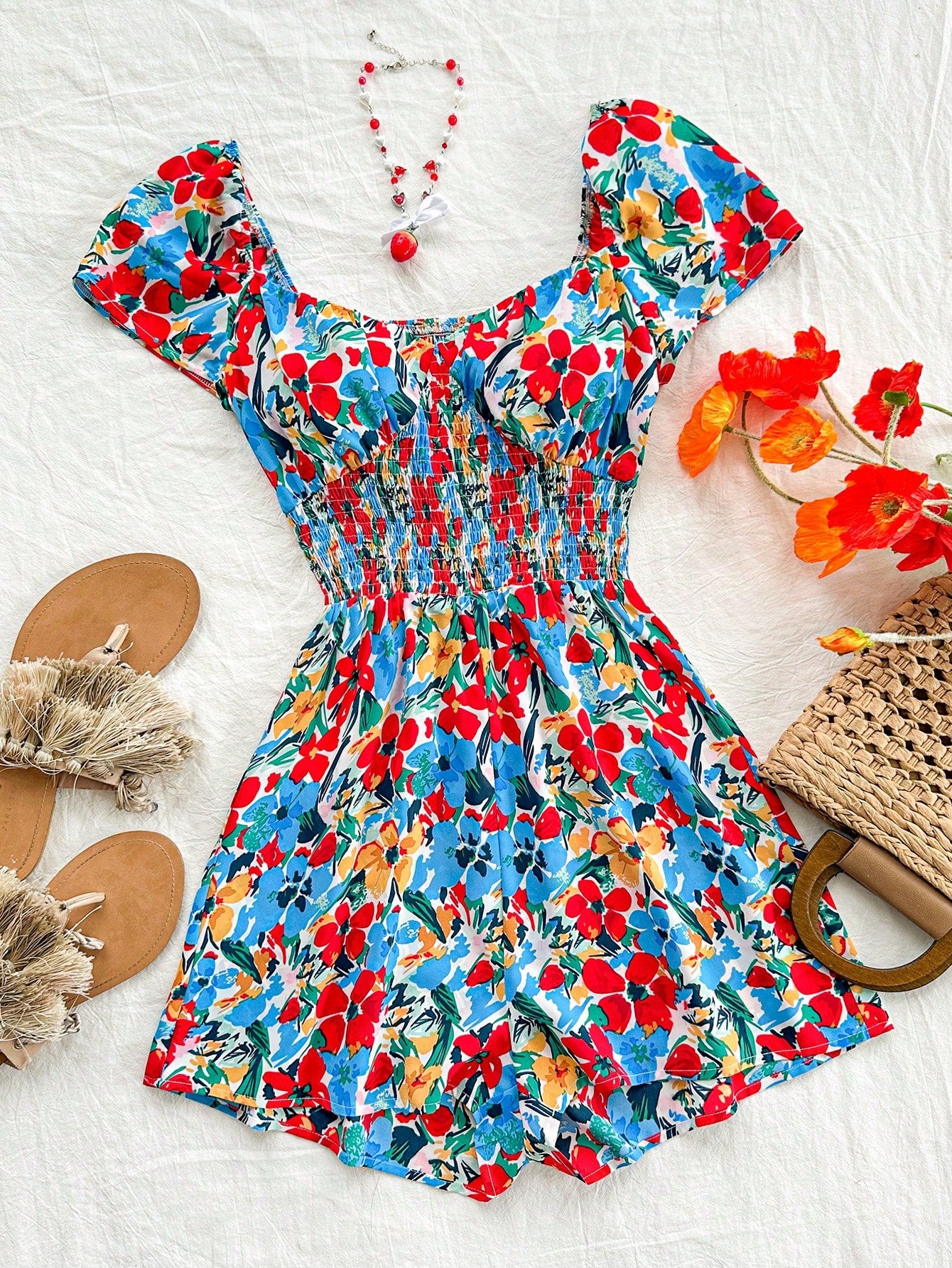 Floral Print Shirred Waist Romper