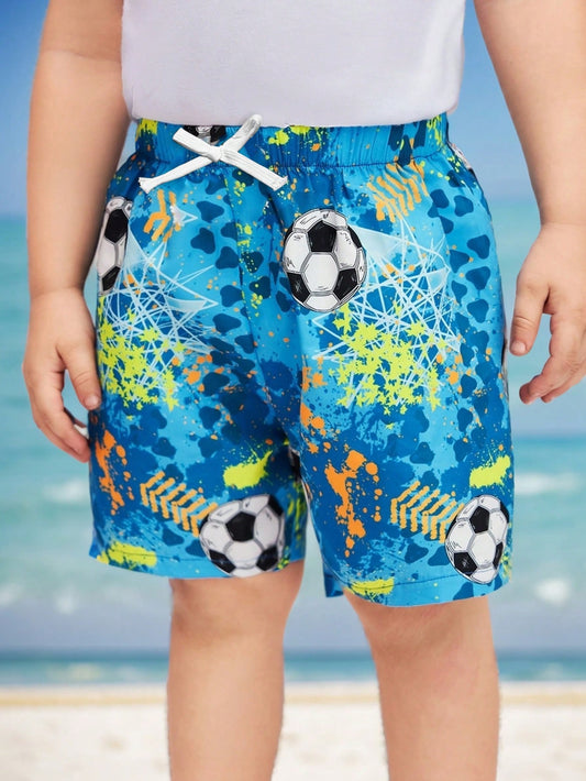 Young Boy Loose Fit Casual Football Pattern Woven Swim Trunks