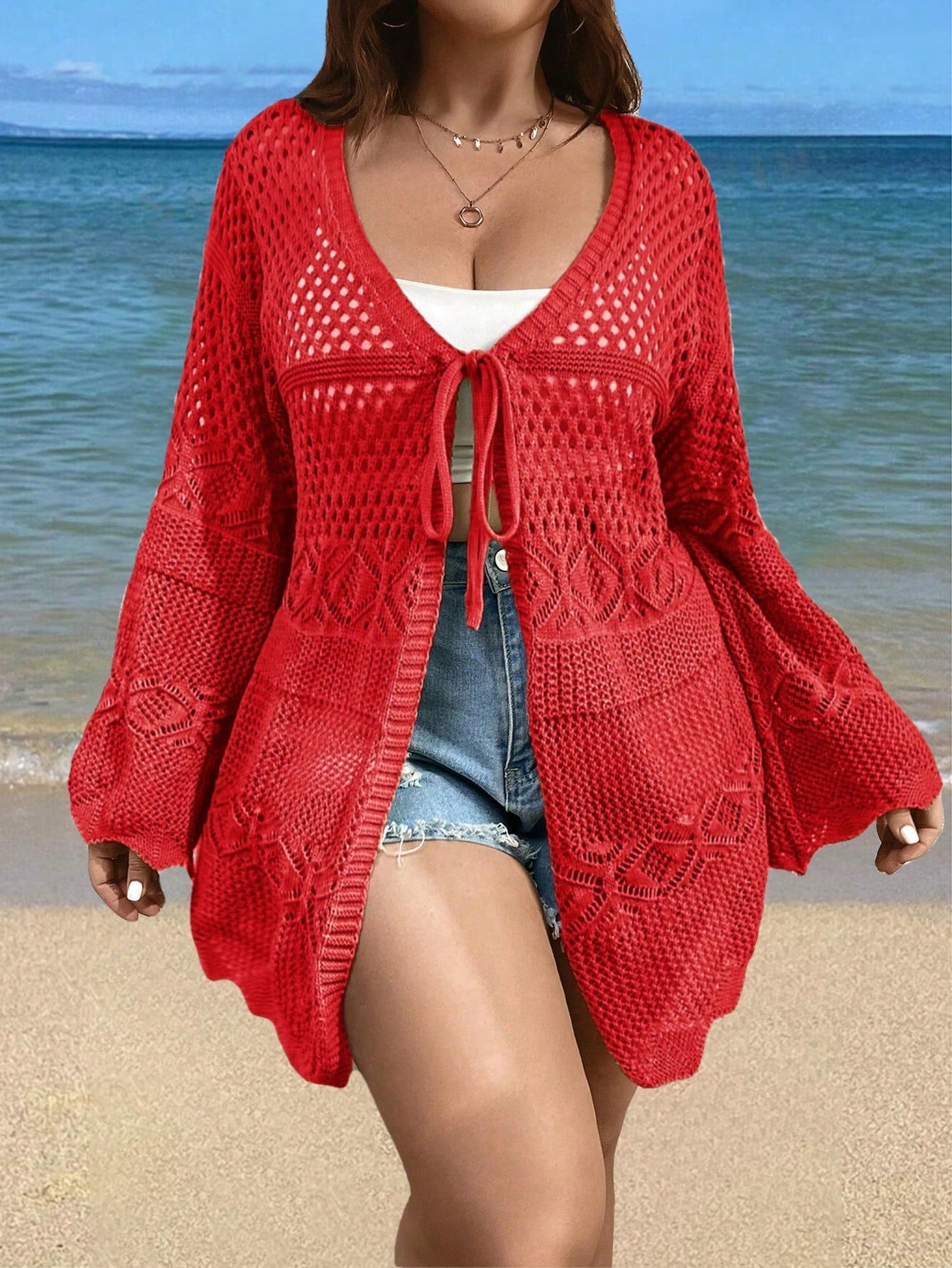 Plus Size Women Fashionable Solid Color Hollow Out Long Sleeve Cardigan